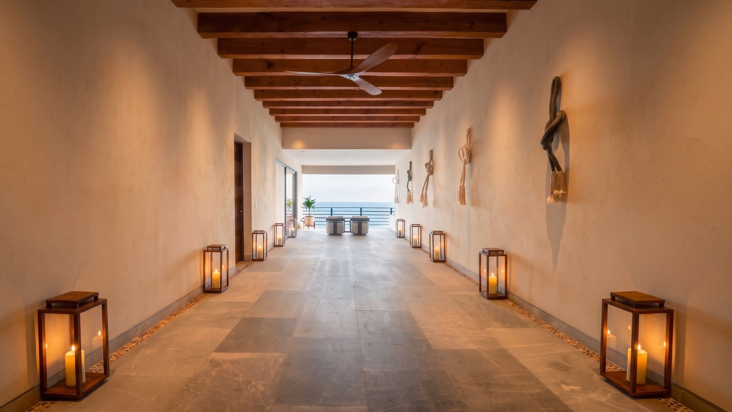 A corridor with a ceiling fan, lanterns, and a view to the outside.