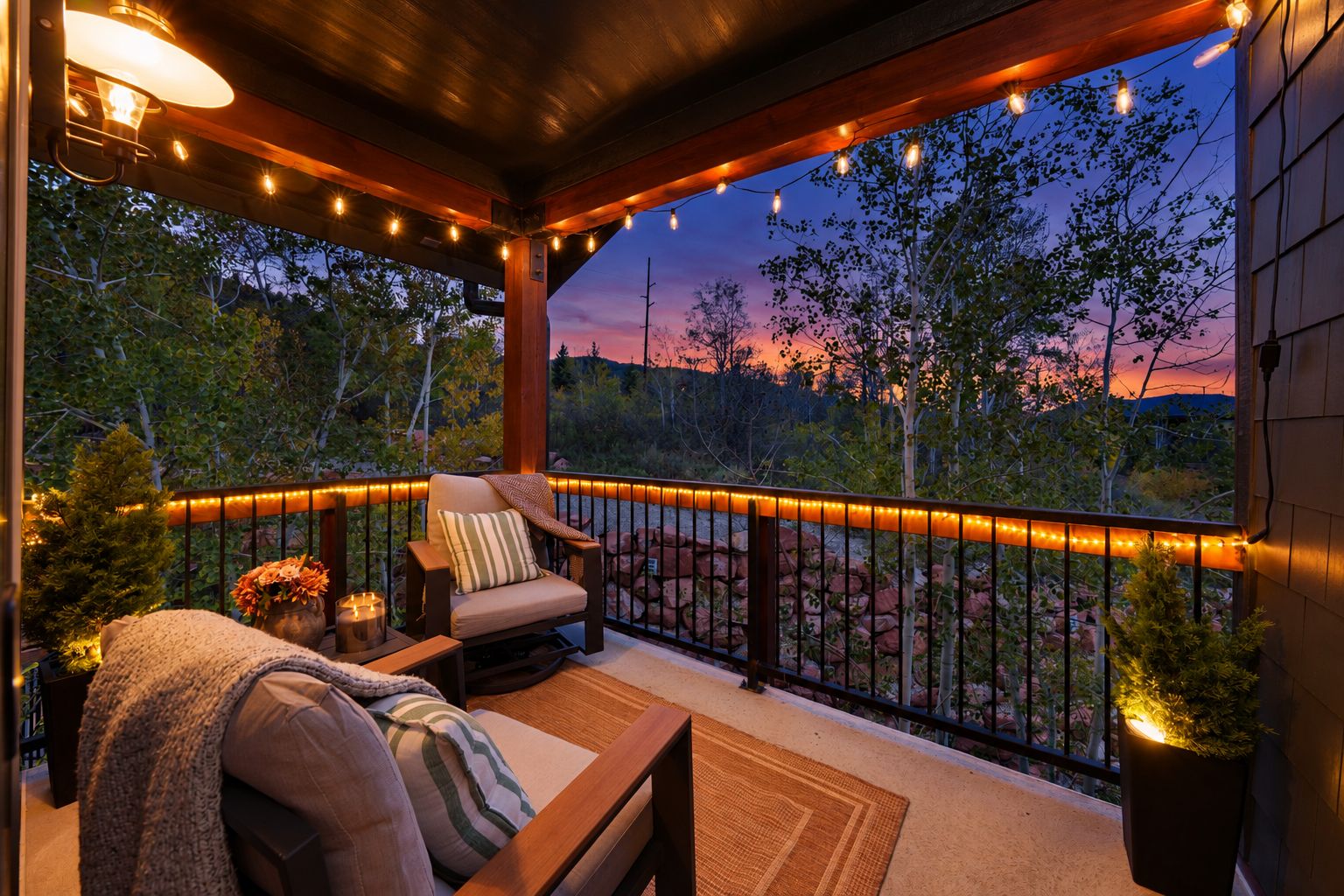 Un espacio de descanso techado al aire libre con vistas a árboles y al atardecer.