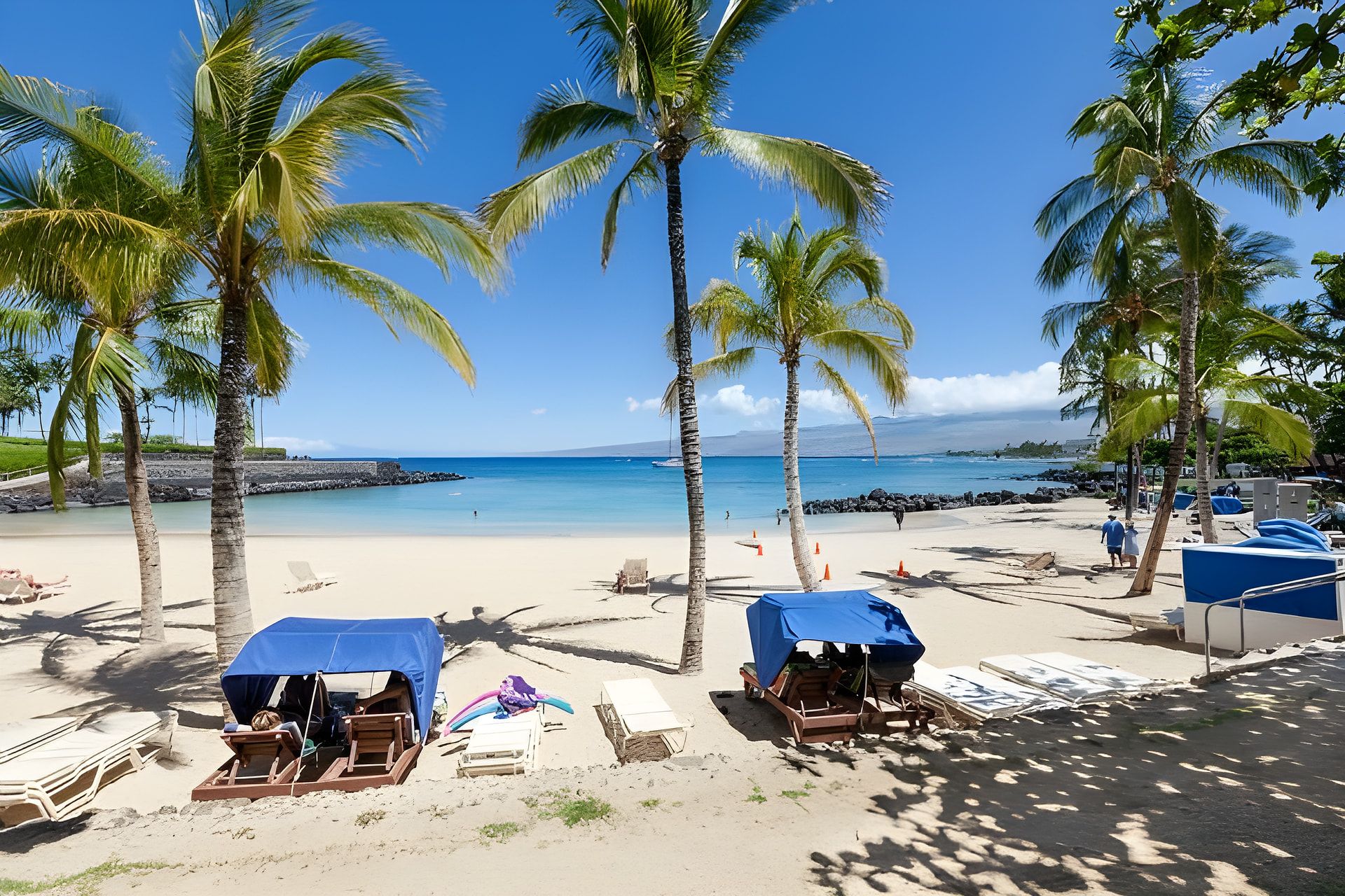 A beach with palm trees, lounge chairs, and a clear blue sky.