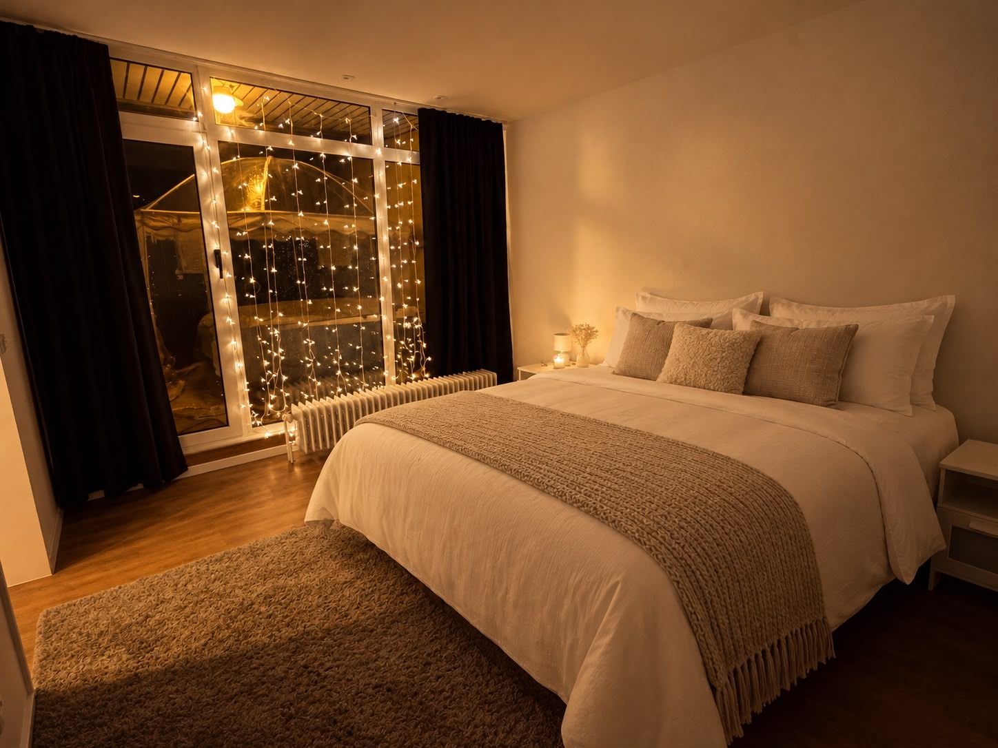 Ein Schlafzimmer mit einem großen Bett, einem Heizkörper, einem Nachttisch und einem Fenster mit Vorhängen.