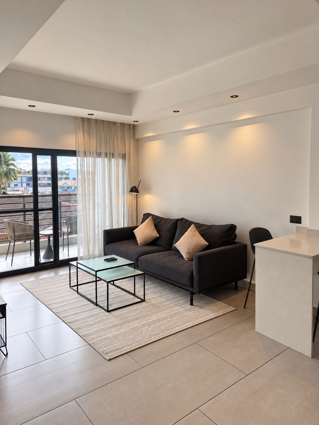 Ein modernes Wohnzimmer mit einer Couch, einem Glastisch und Blick durch ein großes Fenster.