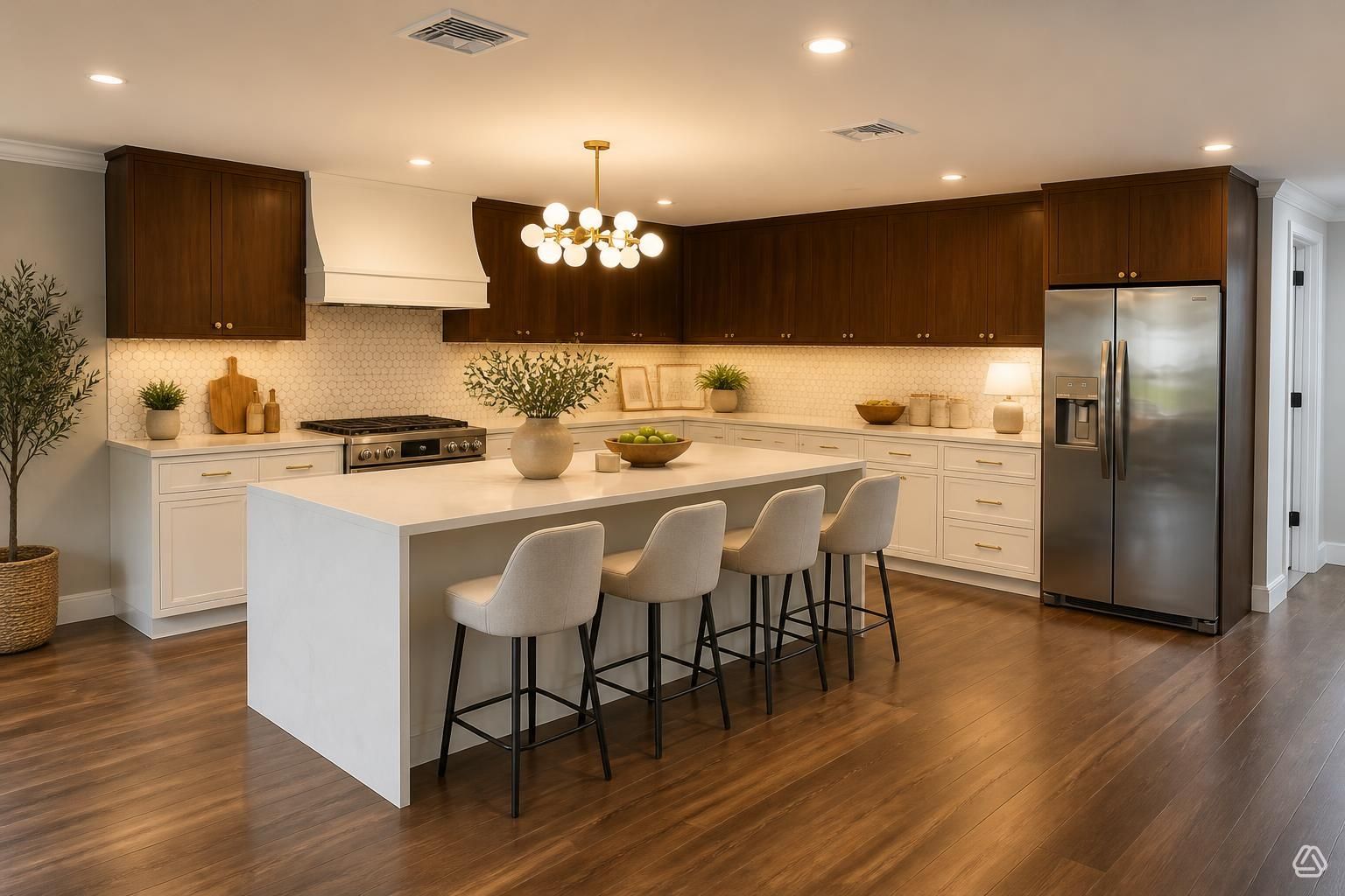 Une cuisine moderne dotée d’un îlot central, d’appareils électroménagers en acier inoxydable et de meubles de rangement en bois.