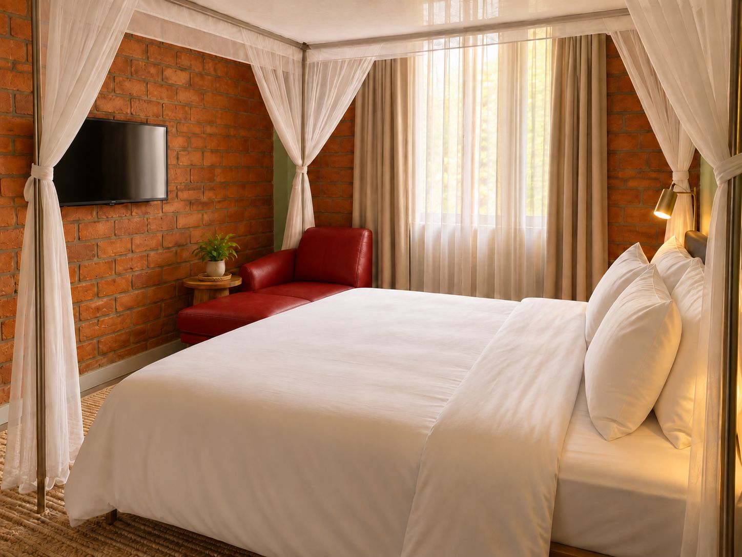 Une chambre d’hôtel avec un mur en briques, un téléviseur à écran plat, un fauteuil en cuir rouge, un lit avec du linge de maison blanc et une plante en pot.