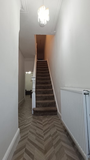 Un couloir avec un escalier recouvert de moquette, un radiateur et un lustre.