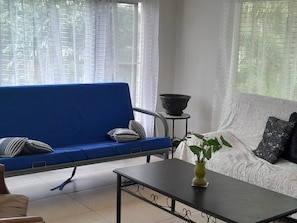 Ein Wohnzimmer mit einem blauen Sofa, einem kleinen Tisch mit einer Pflanze und einem weißen Sofa mit gemusterten Kissen.
