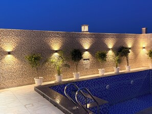 Une piscine avec un mur en pierre et des plantes en pot.