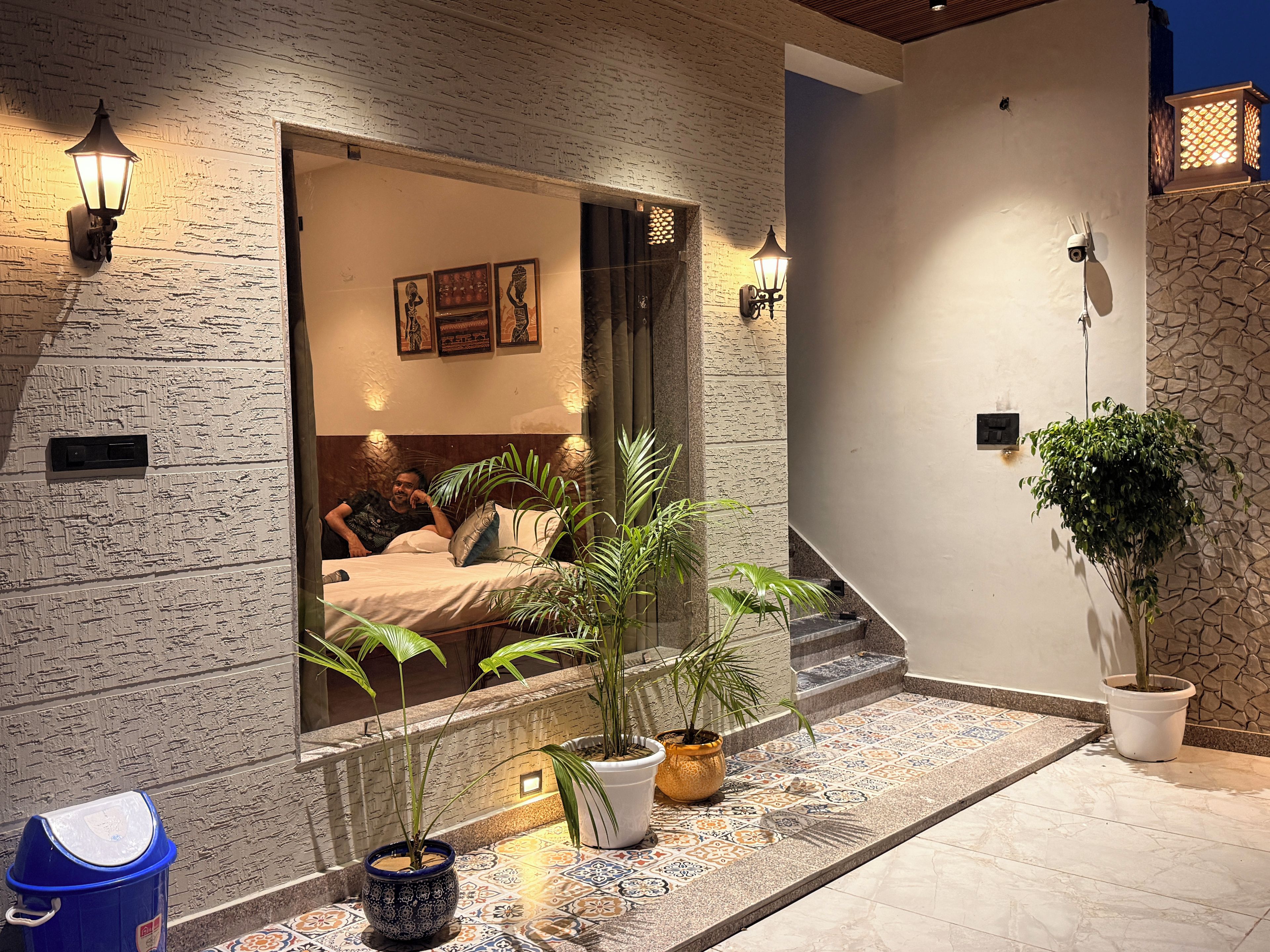 A room with a bed, a potted plant, and a wall-mounted light fixture.