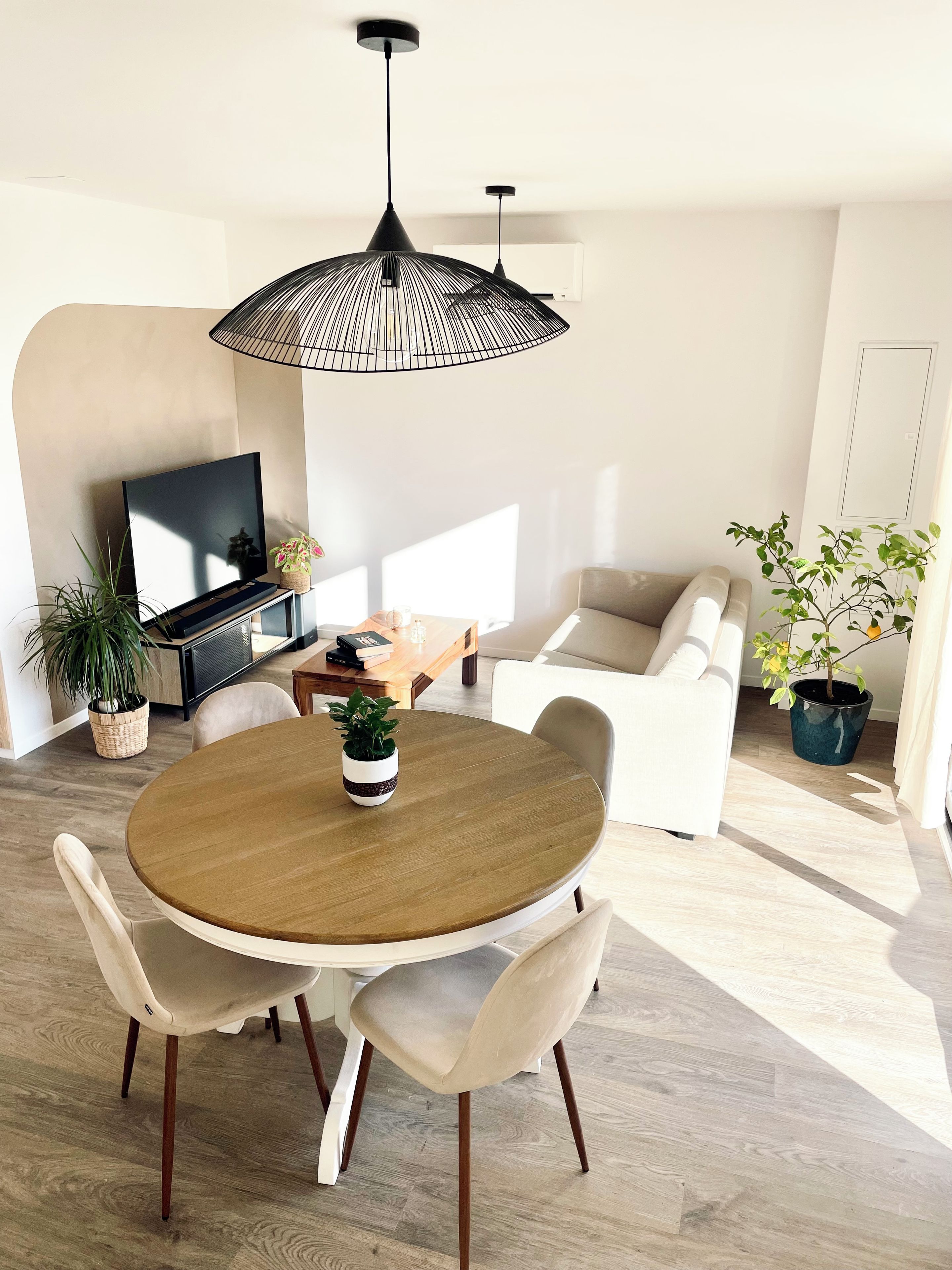 Ein modernes Wohnzimmer mit einem runden Holzesstisch, weißen Stühlen, einer schwarzen Pendelleuchte, einem Flachbildfernseher, einer Couch und Topfpflanzen.