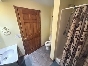 A bathroom with a wooden door, a white sink, a toilet, and a shower curtain with animal prints. - Peaceful getaway in Amish Country (Clare)