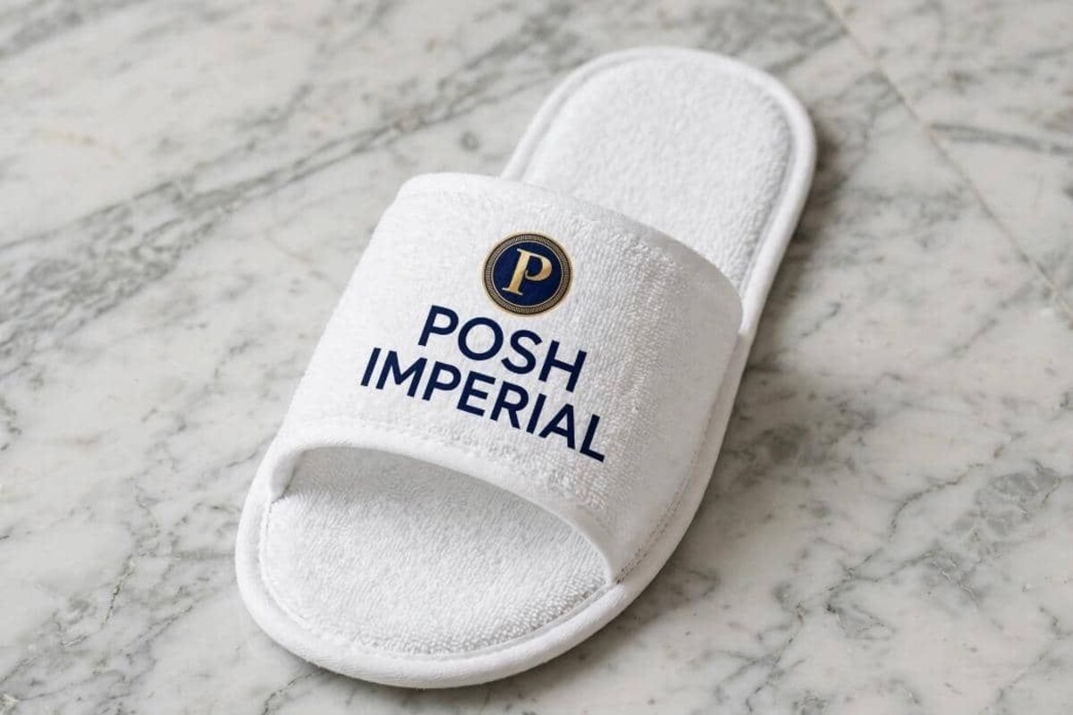 Une sandale blanche, de type « slide », ornée du texte « POSH IMPERIAL » et d’un logo sur une surface en marbre.