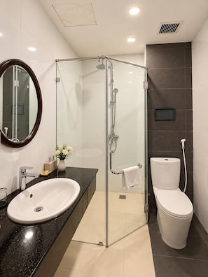 Un baño moderno con ducha de vidrio, lavamanos blanco y un inodoro.