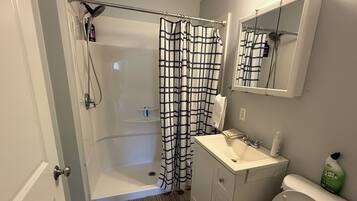 A bathroom with a shower, a toilet, a sink, and a mirror.