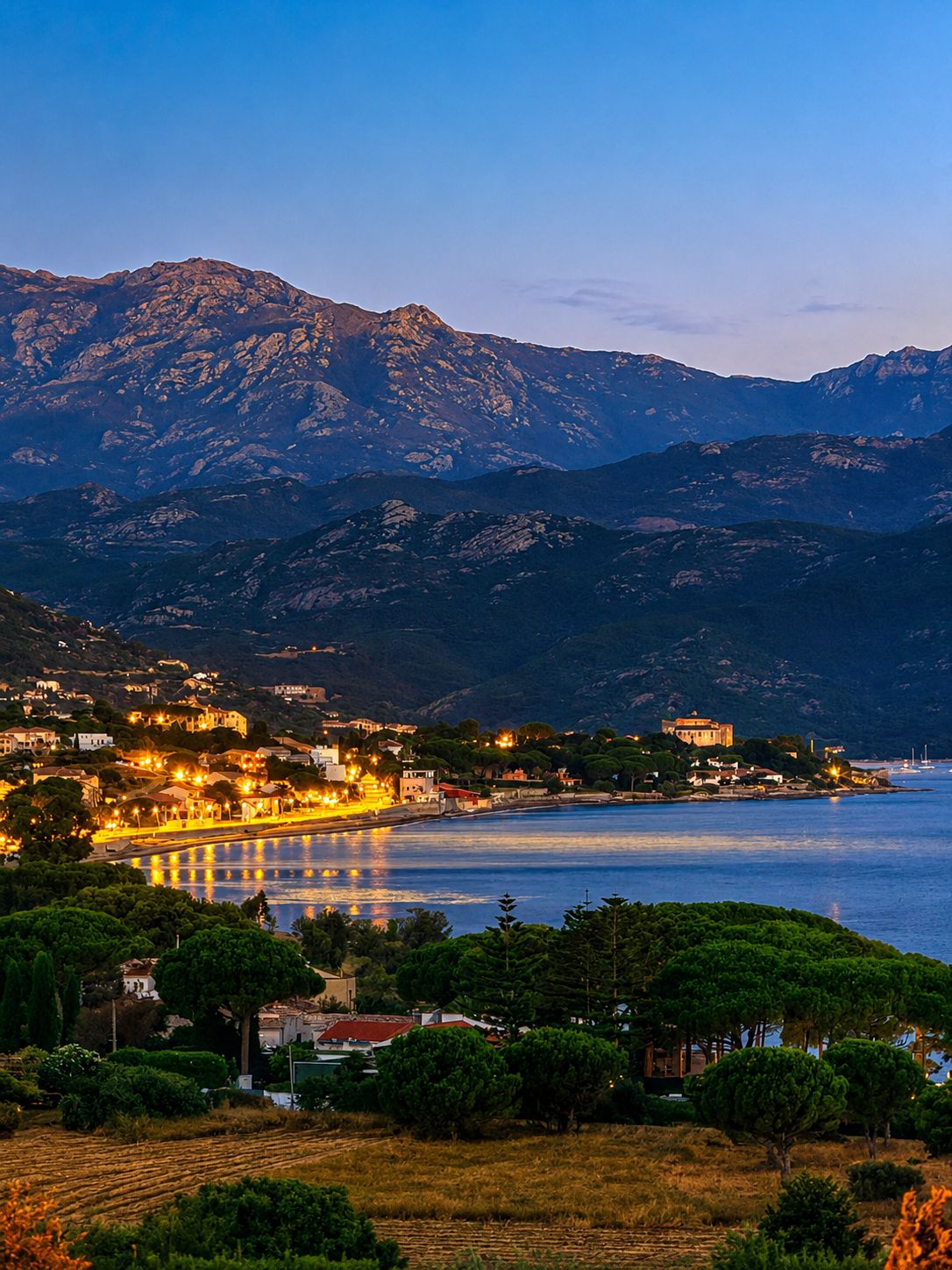A coastal town with a mountain backdrop, featuring a waterfront with buildings and a clear view of the sea.