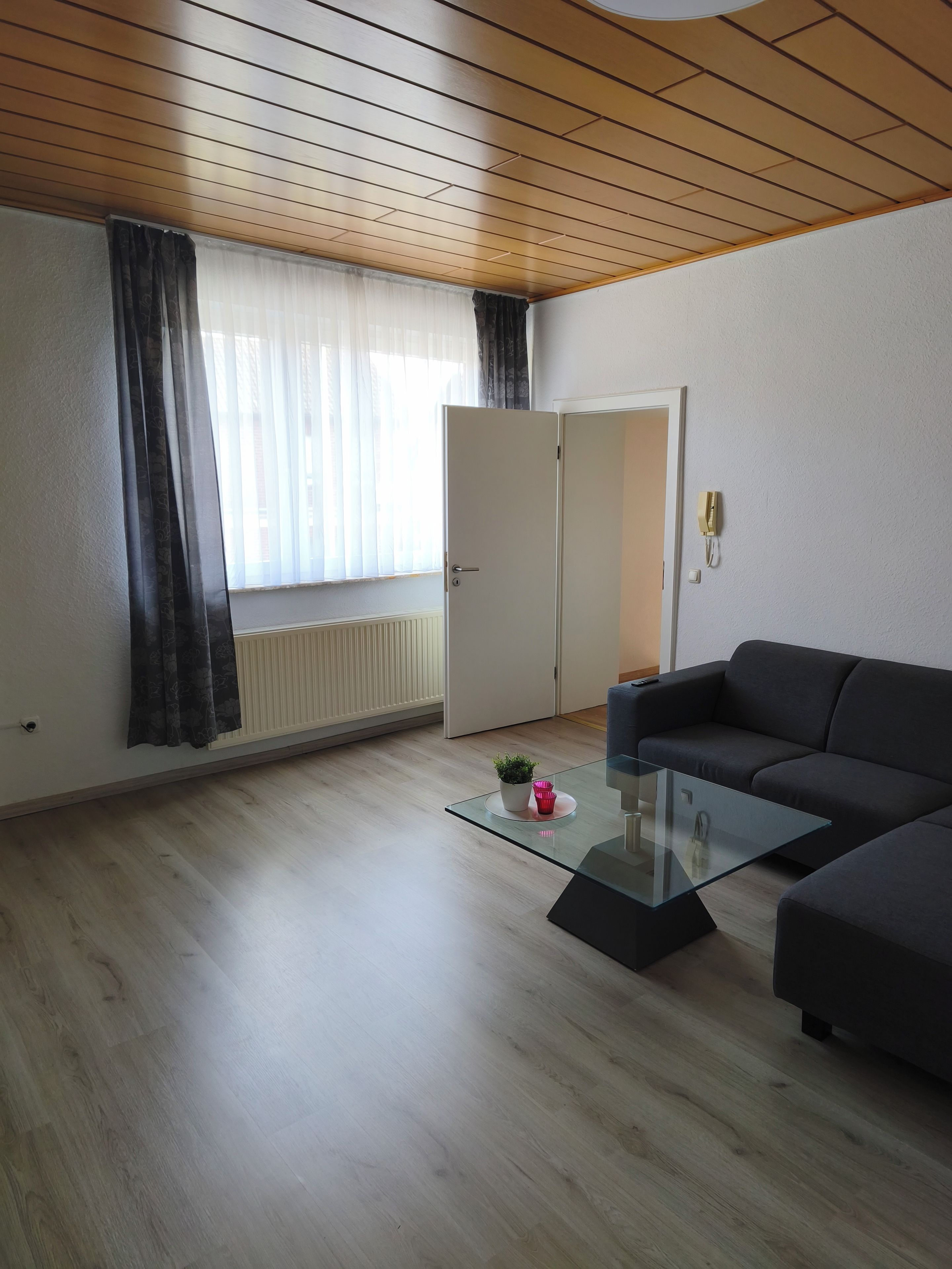 Een moderne woonkamer met een glazen salontafel, een donkere bank, een deur en een radiator.