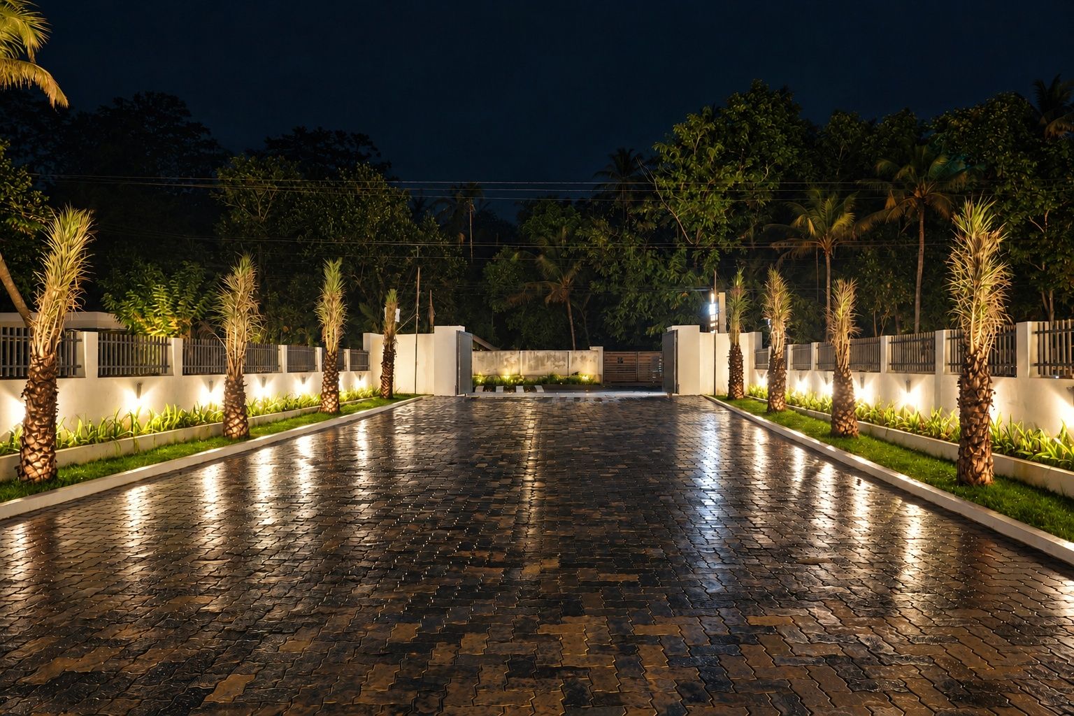 Un camí pavimentat flanquejat per palmeres i il·luminat per llums al terra, que condueix a una entrada tancada per una reixa.