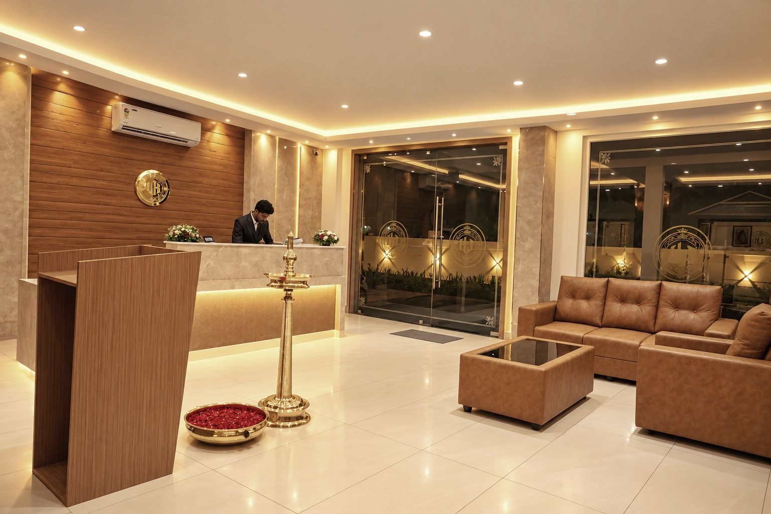 Un moderno vestíbulo de hotel con una recepción, un conjunto de sofás y una lámpara decorativa.