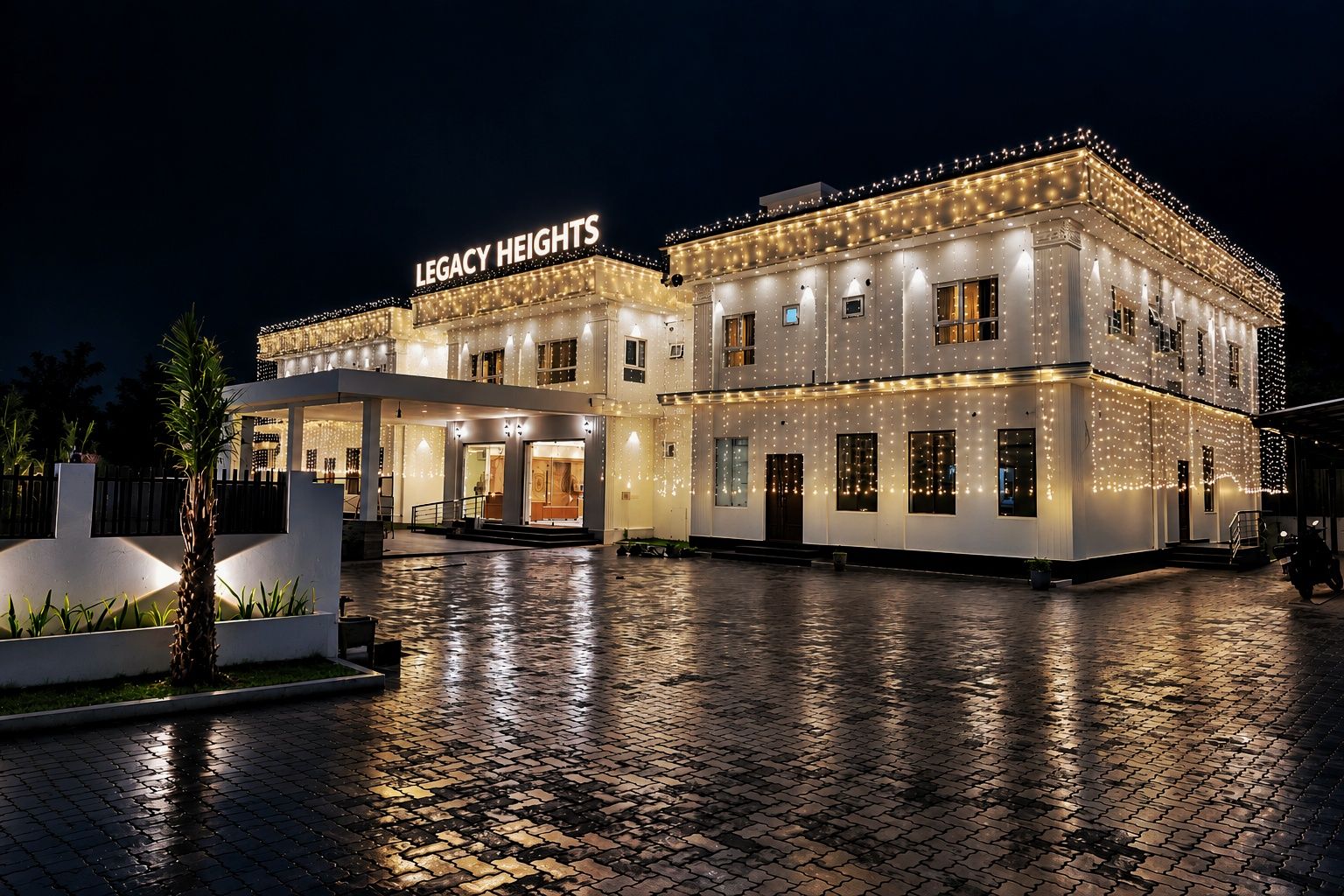 Hotel amb façana moderna, entrada coberta i exterior ben il·luminat.