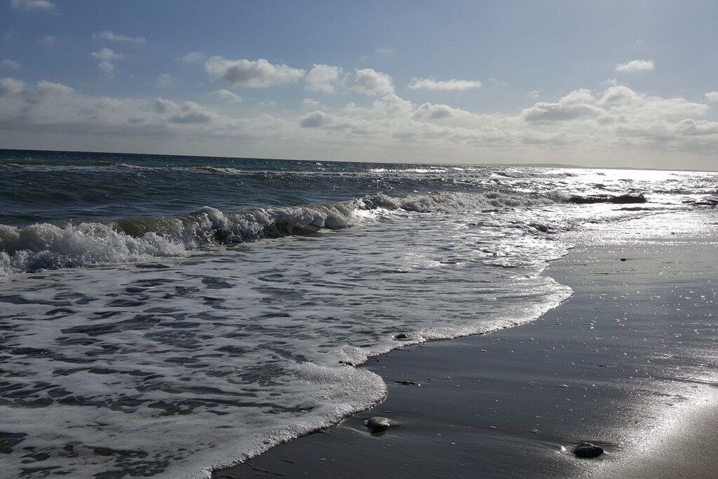 A beach with waves approaching the shore, a clear sky, and a distant horizon.