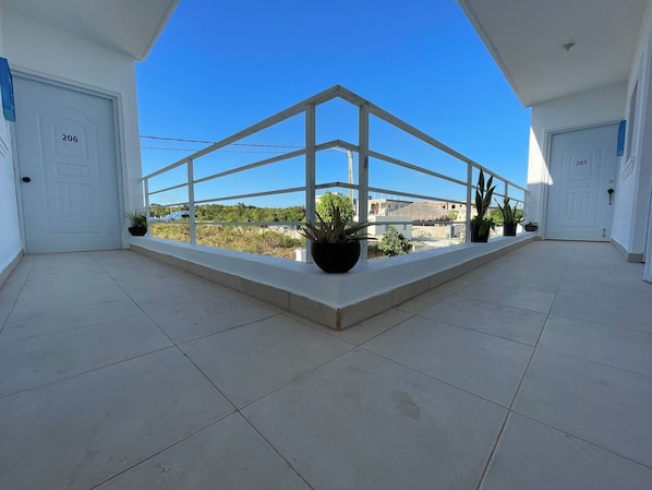 Un passadís ampli amb barana de vidre, plantes en testos i portes numerades 206 i 201.