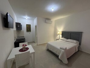 Una habitación de hotel con una cama, un escritorio, una silla, un televisor y un equipo de aire acondicionado.
