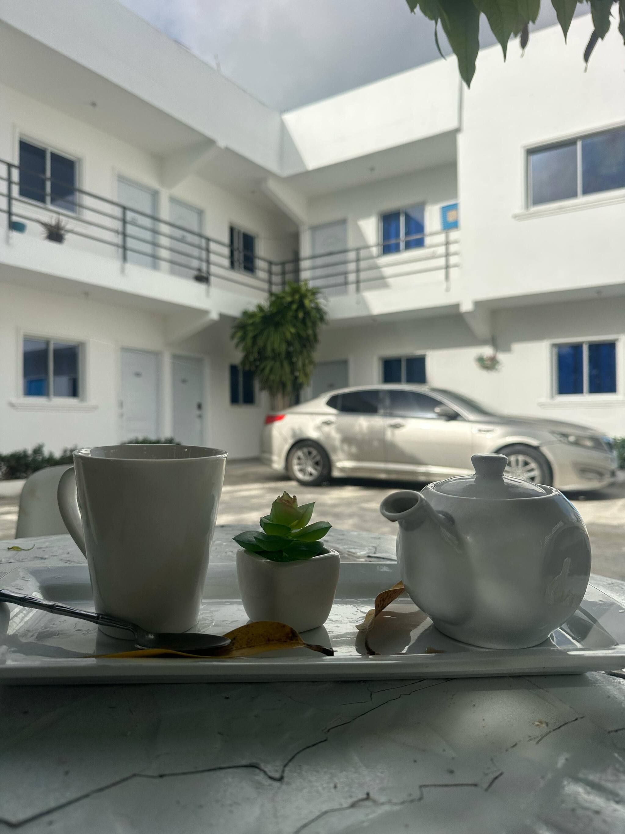 Een tafel met een theepot, een kopje en een kleine plant op een dienblad. Achtergrond toont een wit gebouw met balkons en een geparkeerde auto.
