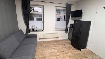 A compact living space with a grey sofa, a black refrigerator, and a TV mounted on the wall.