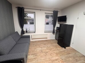 A compact living space with a grey sofa, a black refrigerator, and a TV mounted on the wall. - New Listing (Huy)