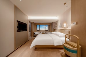 Een moderne hotelkamer met een groot bed, een televisie, een wandradiator en uitzicht op de lucht door het raam.