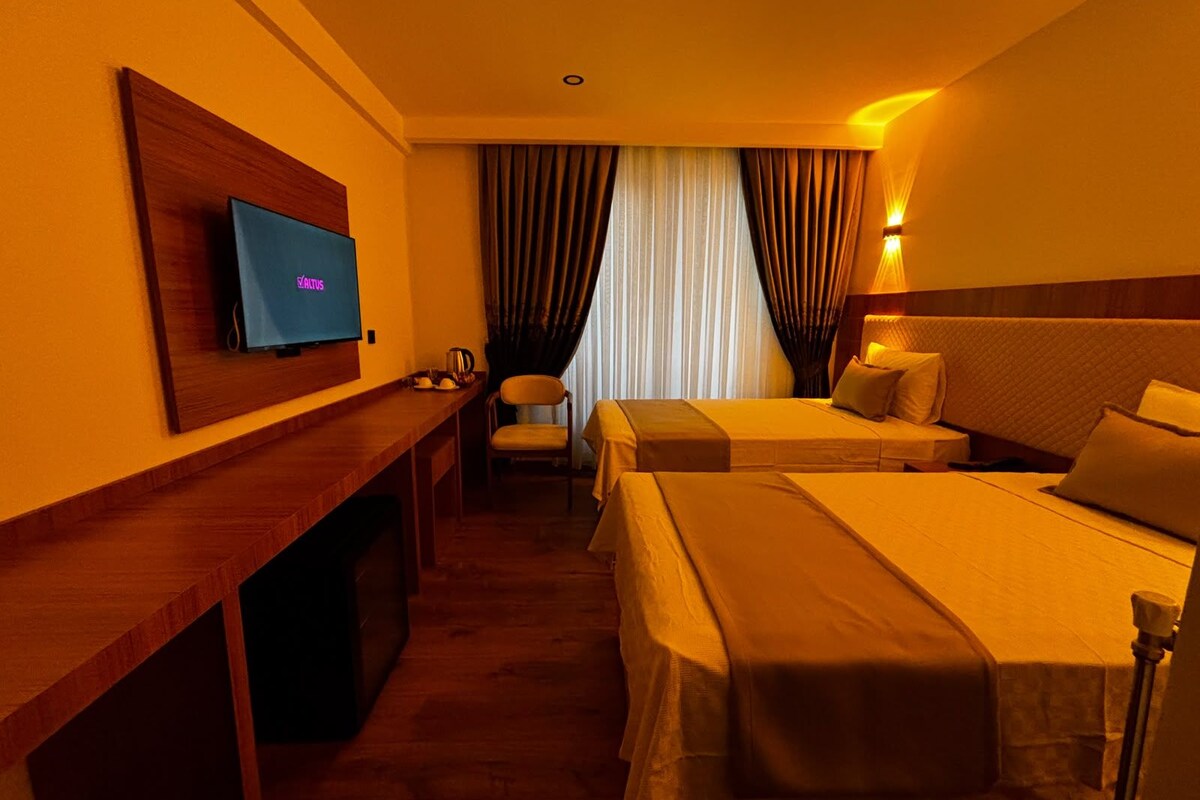 A hotel room with a bed, a desk, a chair, a television, and curtains.