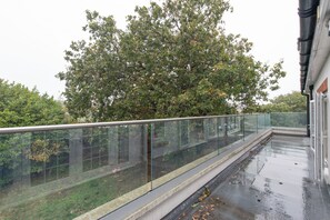Barandilla de cristal con vistas a un jardín que tiene un árbol grande y un edificio al fondo.