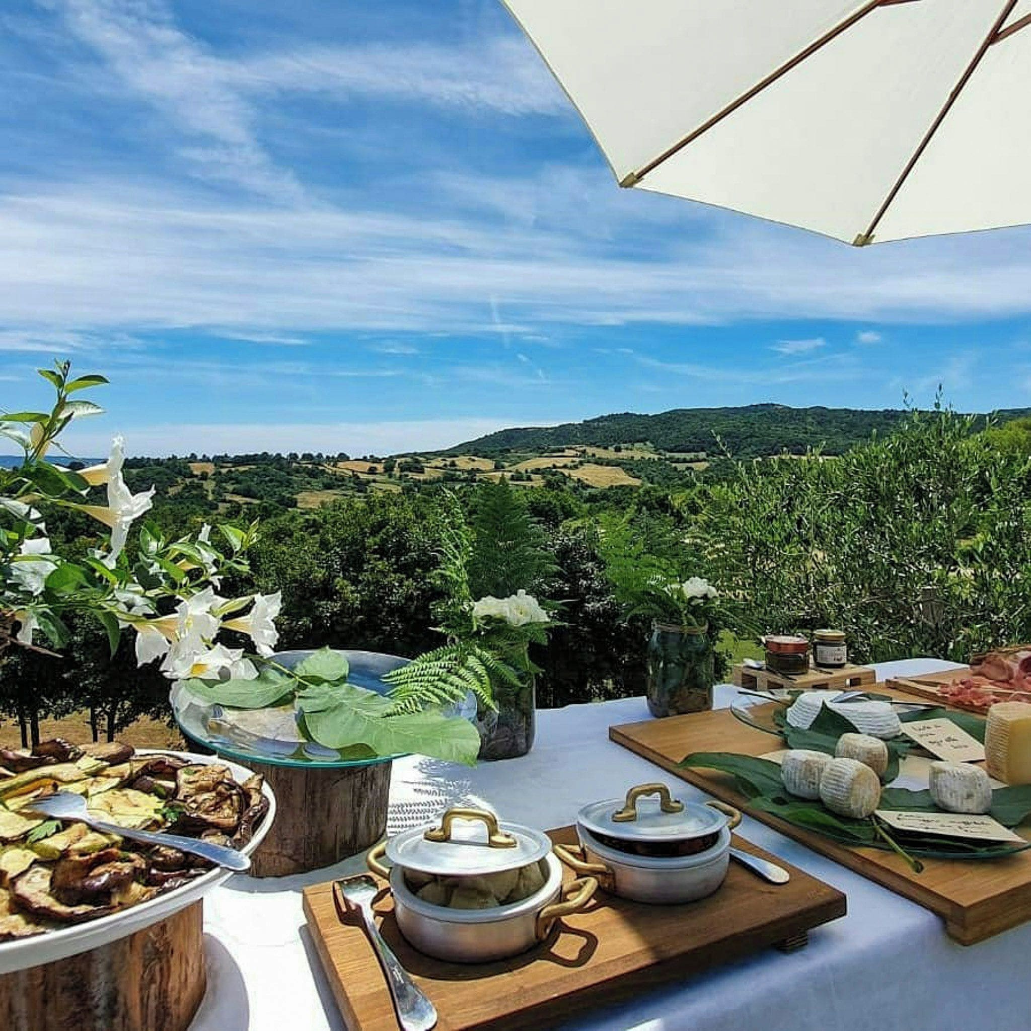 An outdoor dining setup with a scenic view of a vineyard and hills in the background.