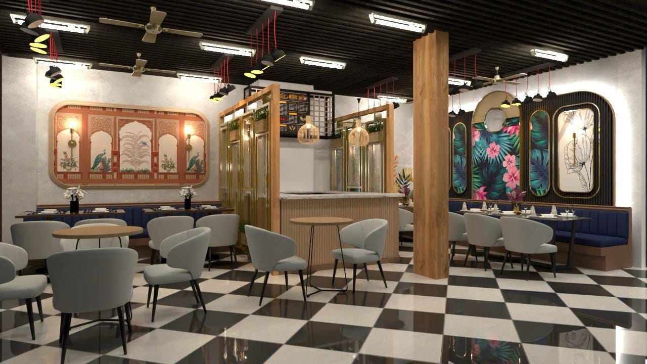 Restaurante com piso xadrez, vários espaços de assento e decoração nas paredes.