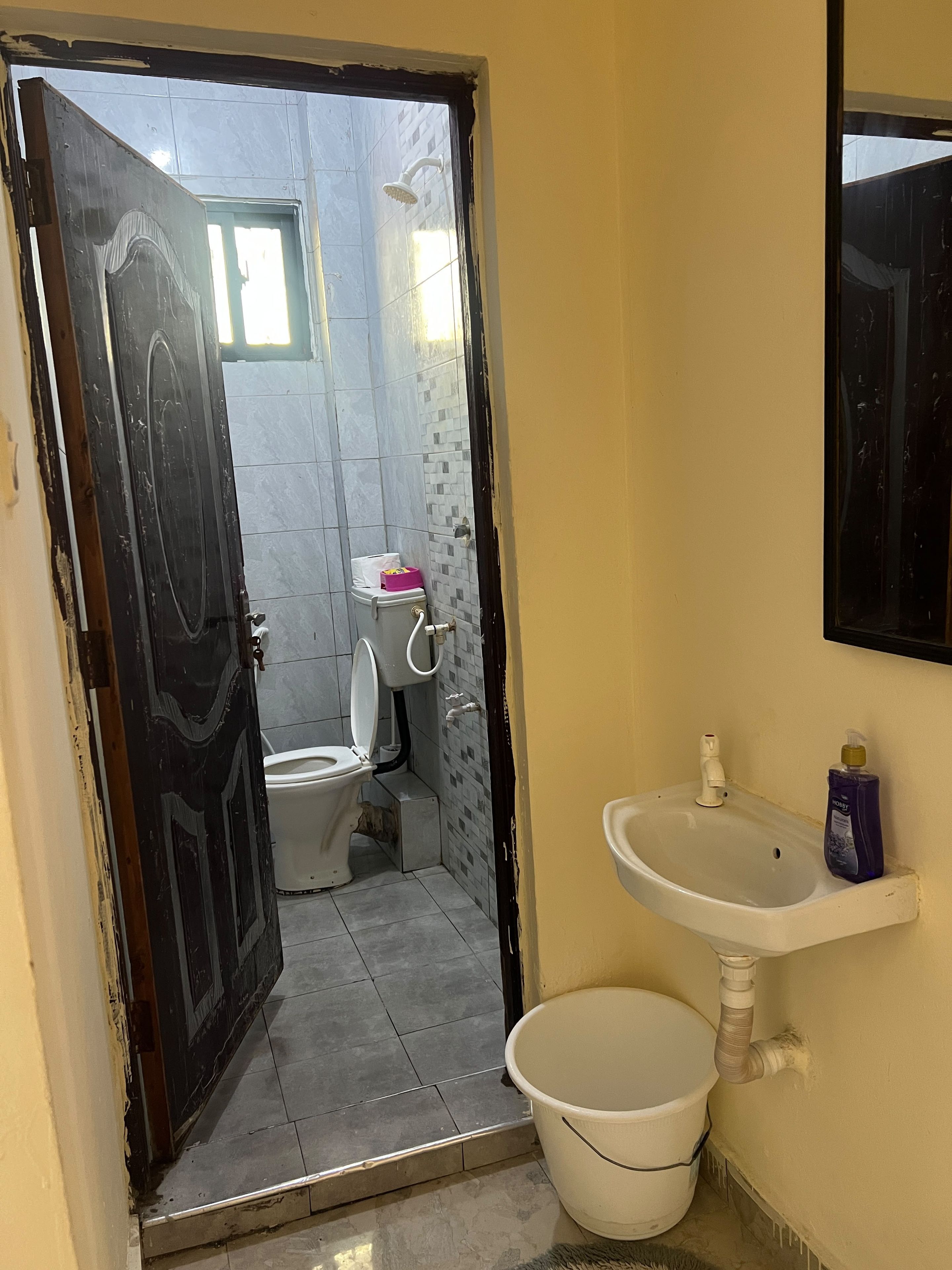 A bathroom with a toilet, a sink, and a bucket.