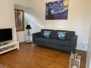 Un salon avec un canapé gris, un téléviseur à écran plat et un tableau représentant un ciel nocturne.