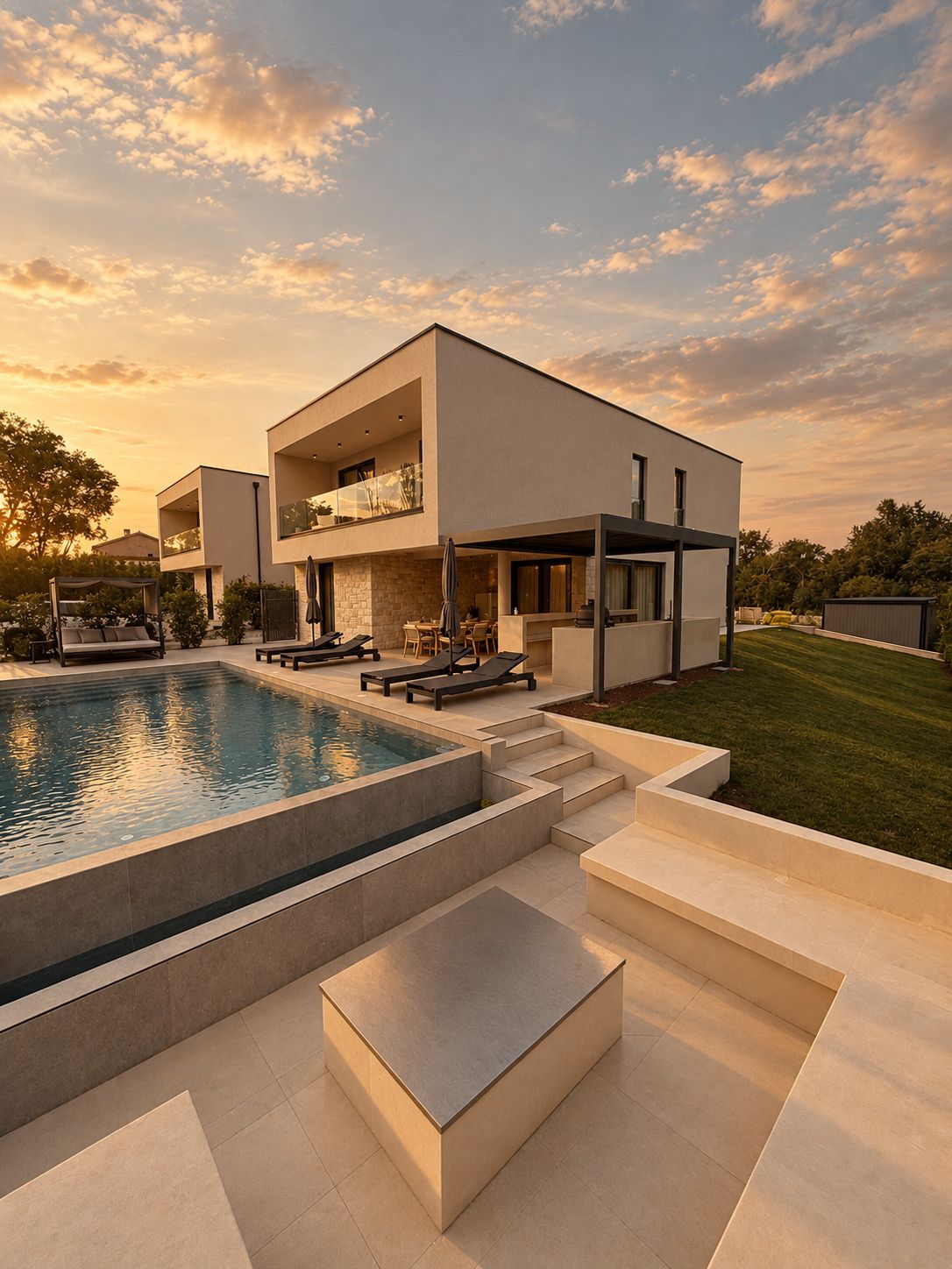 A modern two-story house with a swimming pool, outdoor seating, and a well-maintained lawn.
