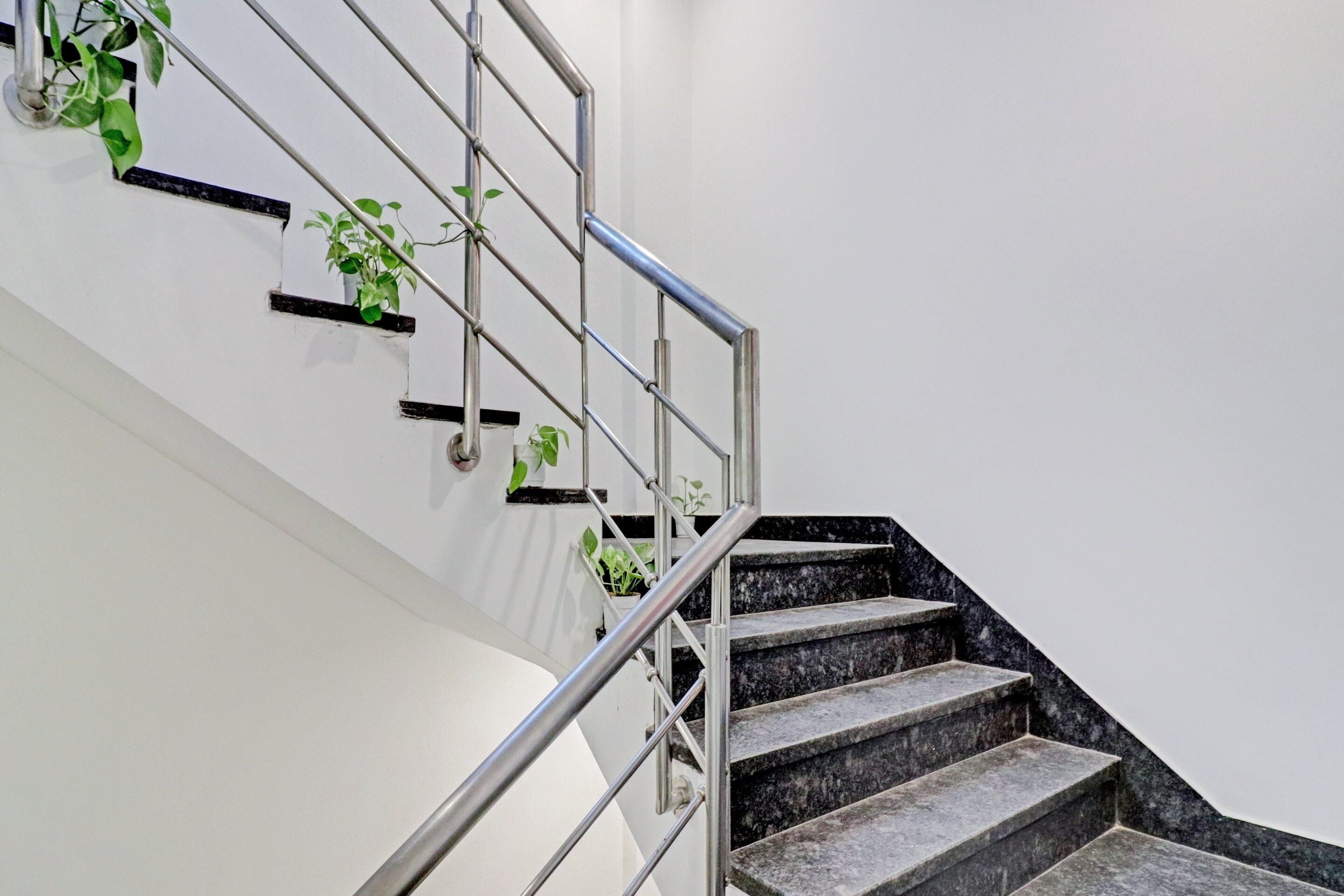 A staircase with metal railings and potted plants.