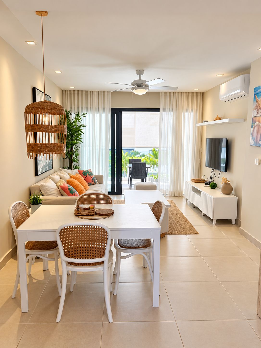 A modern living room with a sofa, dining table, and chairs, a ceiling fan, and a TV.