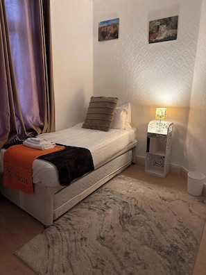 Un dormitorio con cama, una mesita de noche con lámpara, una alfombra y dos cuadros en la pared.