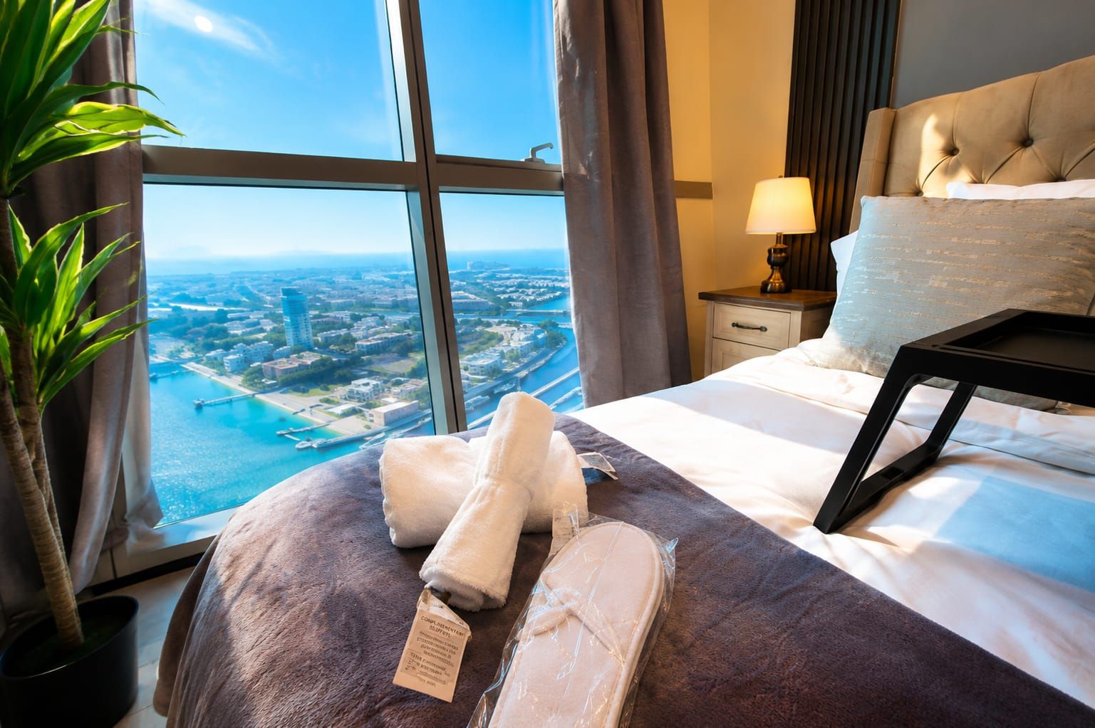 A hotel room with a large window, a bed with a headboard, a bedside table with a lamp, and a view of a cityscape and water.