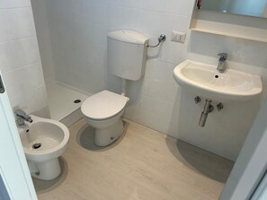 Une salle de bain équipée de toilettes, d’un bidet et d’un lavabo.
