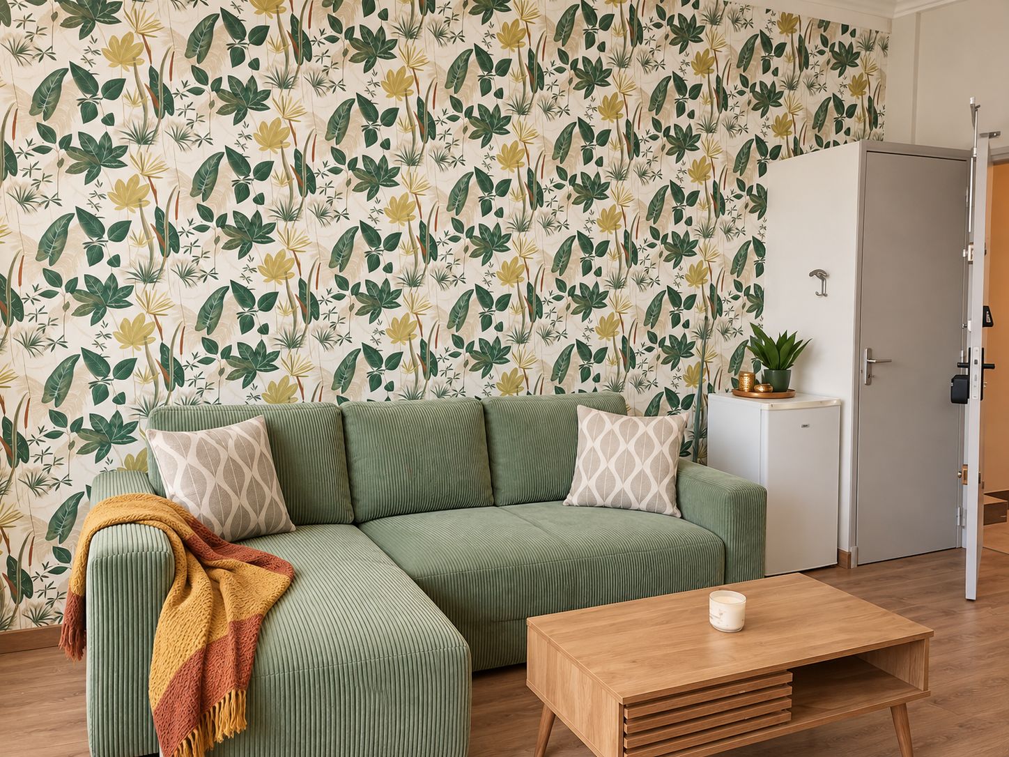 Ein Zimmer mit einem grünen Sofa, einem Holztisch und einer weißen Kommode.