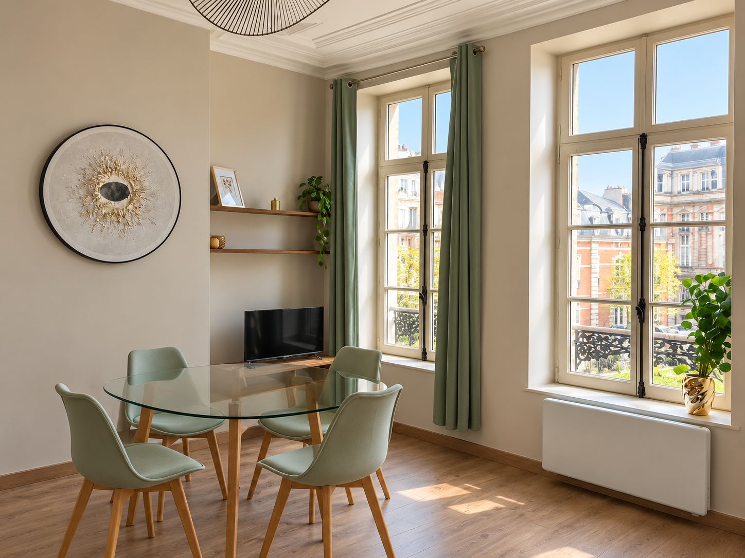 Ein modernes Wohnzimmer mit einem Glastisch, vier Stühlen, einem Flachbildfernseher und Blick auf Gebäude durch große Fenster.