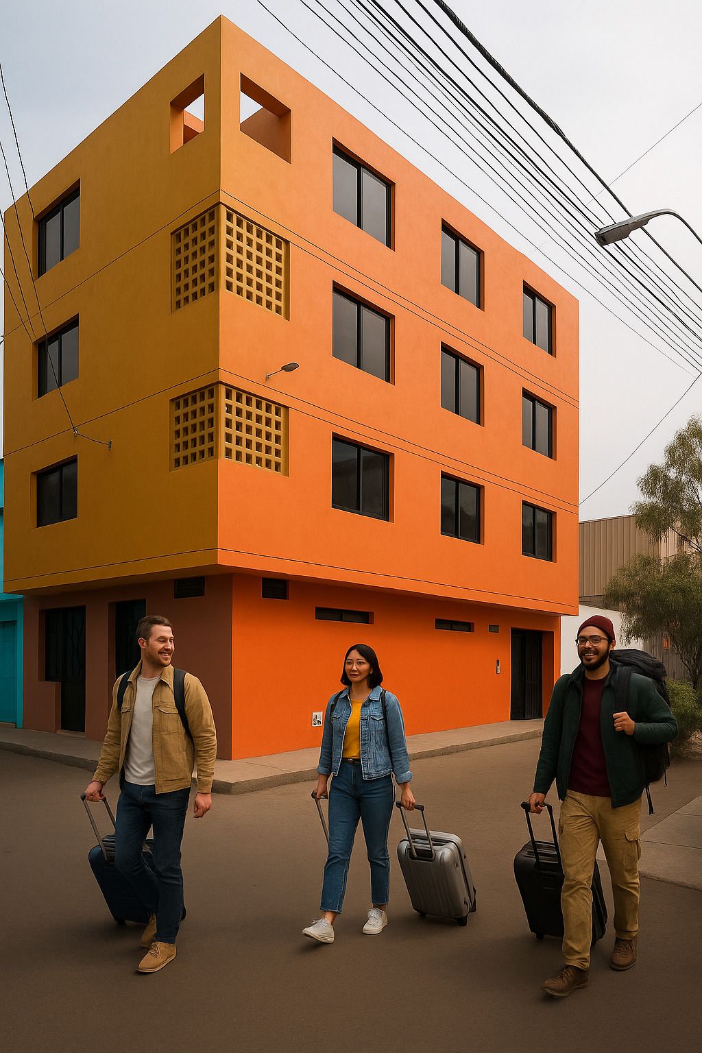 Um edifício moderno com fachada plana, diversas janelas e uma linha de energia visível.