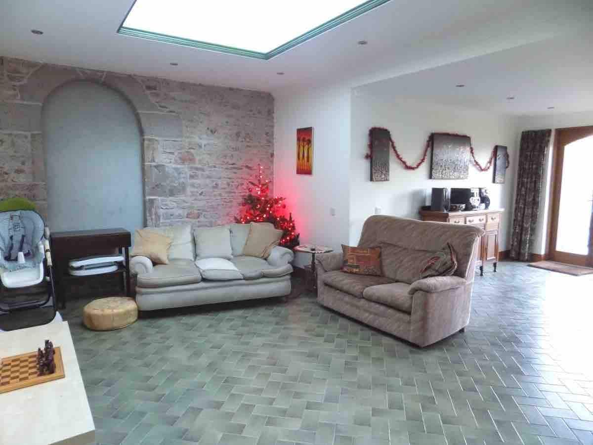 Ein Wohnzimmer mit zwei Sofas, einem Kamin und einem Weihnachtsbaum.