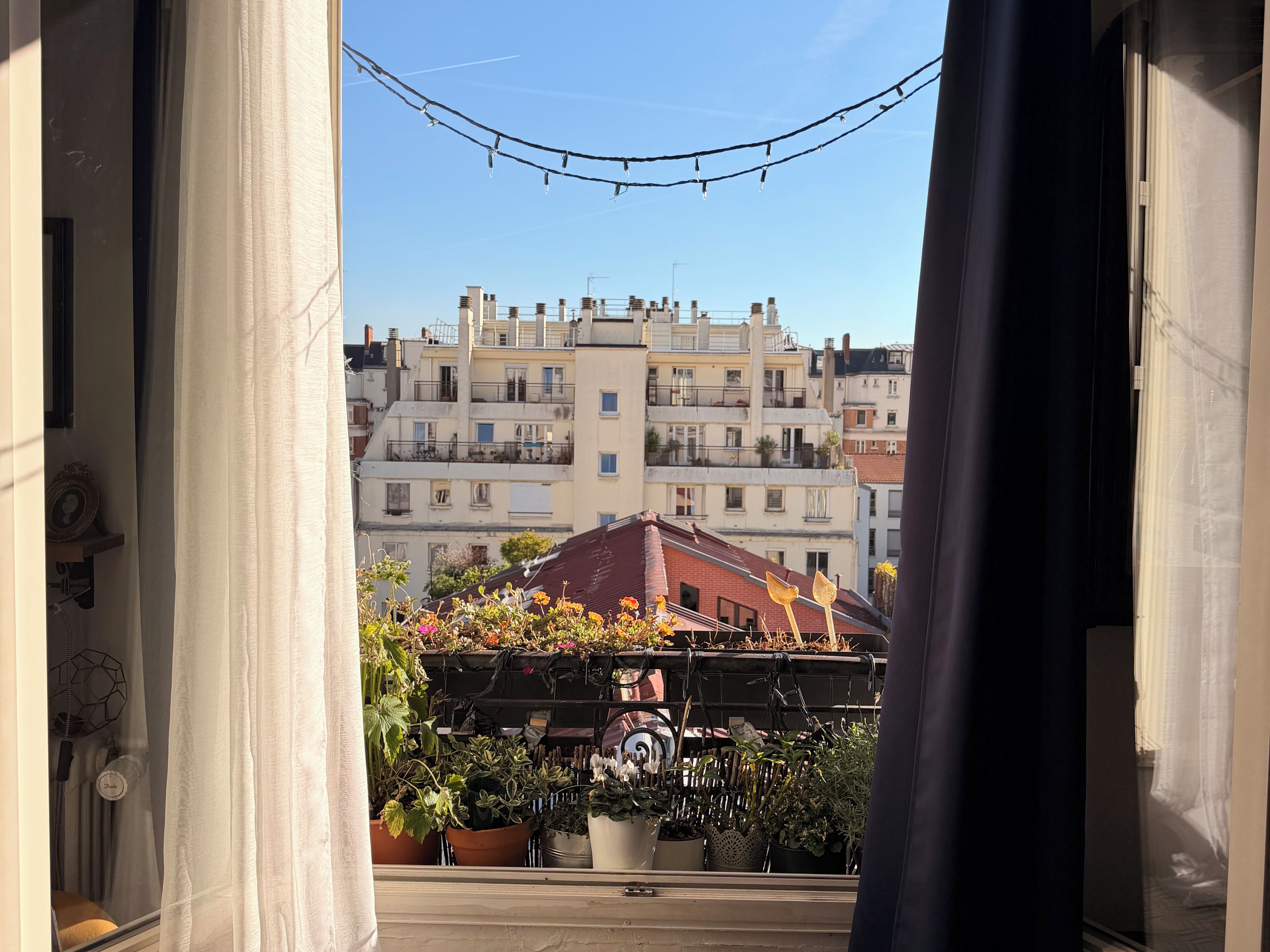 Une vue à travers une fenêtre donnant sur un balcon, avec des plantes en pot et, au loin, un immeuble doté de nombreux balcons.
