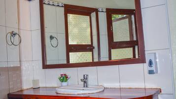 A bathroom with a wooden vanity, a mirror, a sink, and a potted plant.
