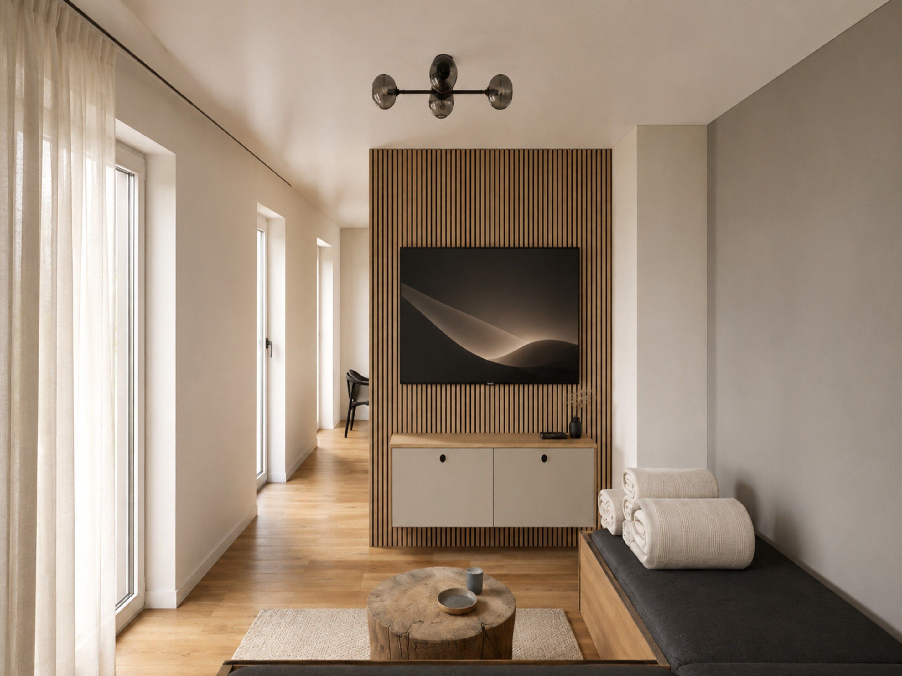 A modern hotel room with a large flat-screen TV mounted on a wooden panel wall, a sofa with towels, a round wooden table with a bowl and cup, and a hallway leading to another room.