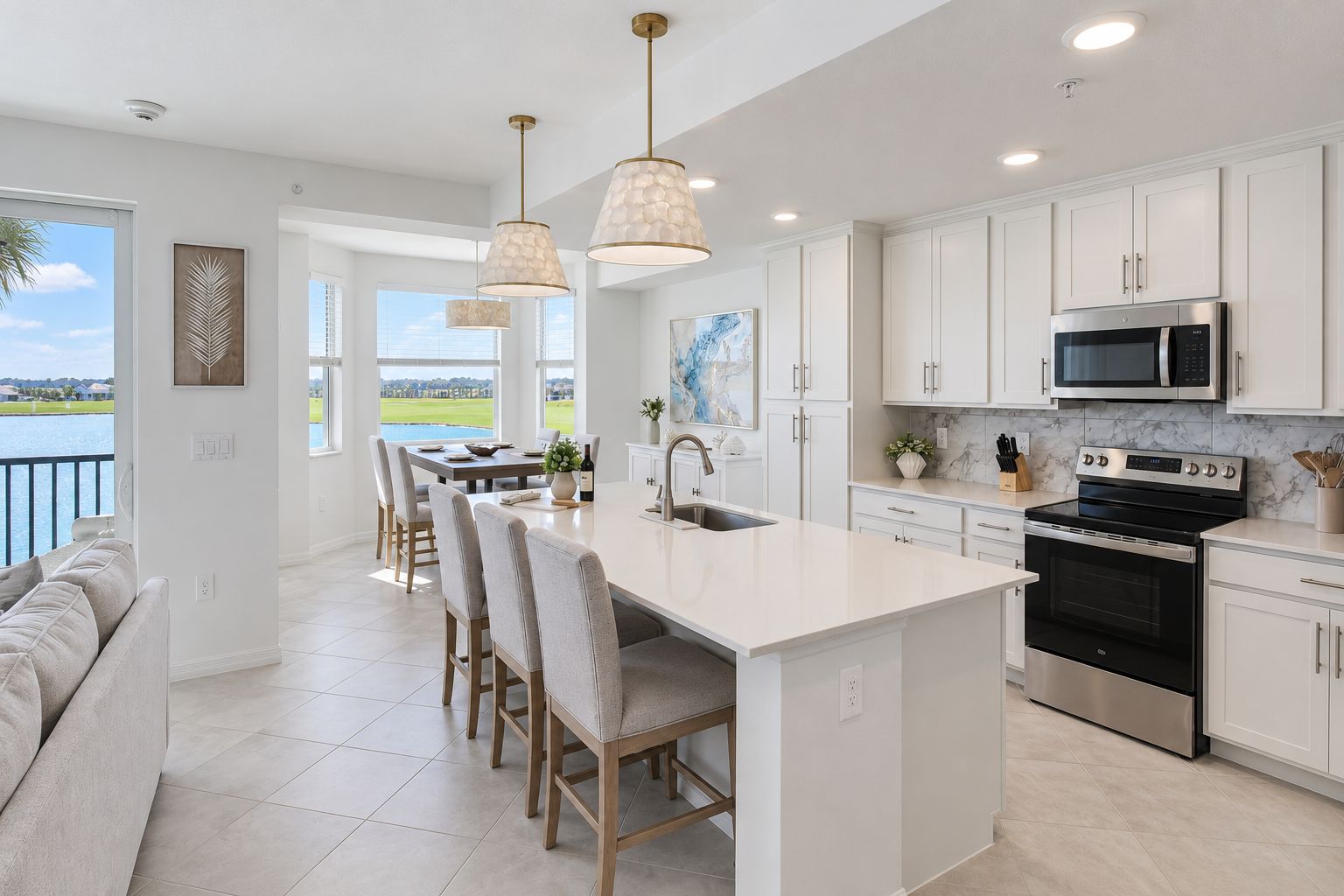 A modern kitchen with white cabinetry, a central island, stainless steel appliances, pendant lighting, and a view of a body of water.