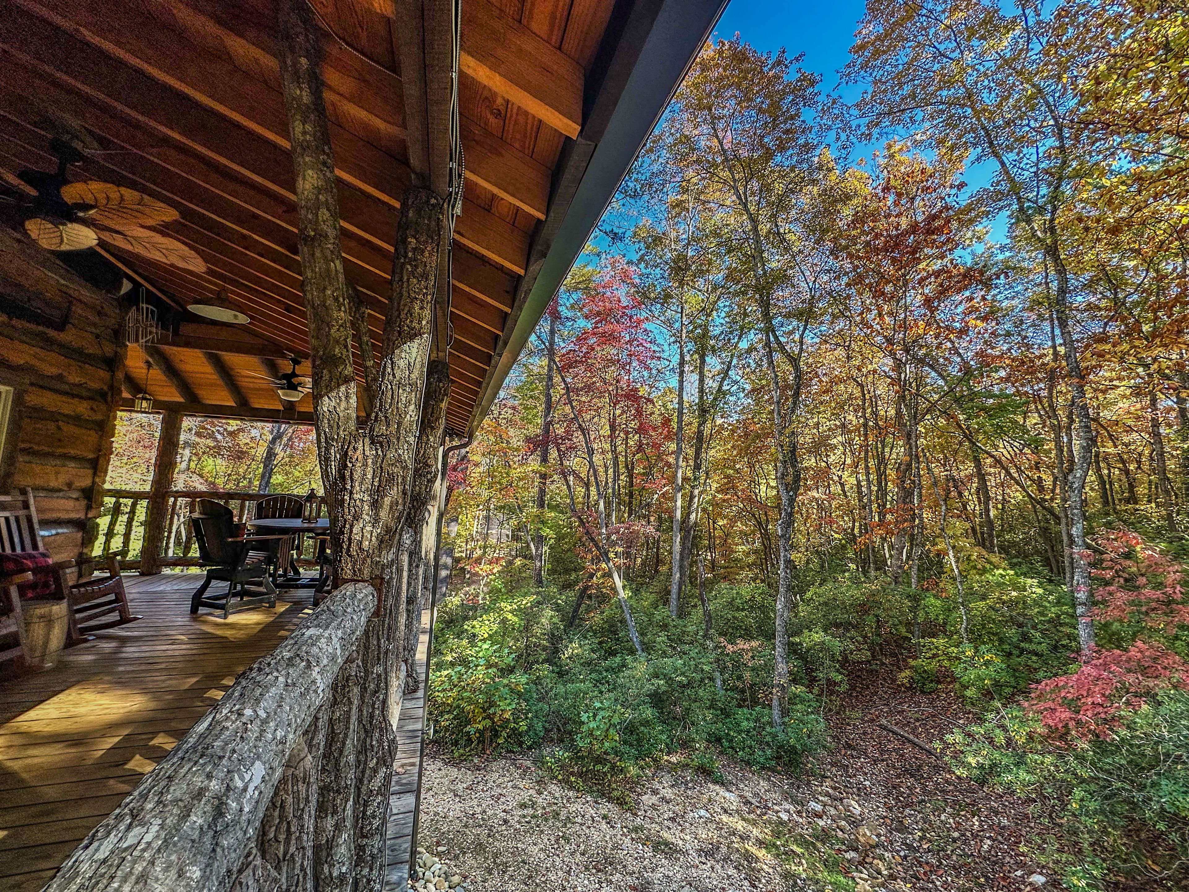 A rustic cabin with a wooden deck, a dining area, and a view of a forest with autumn foliage.