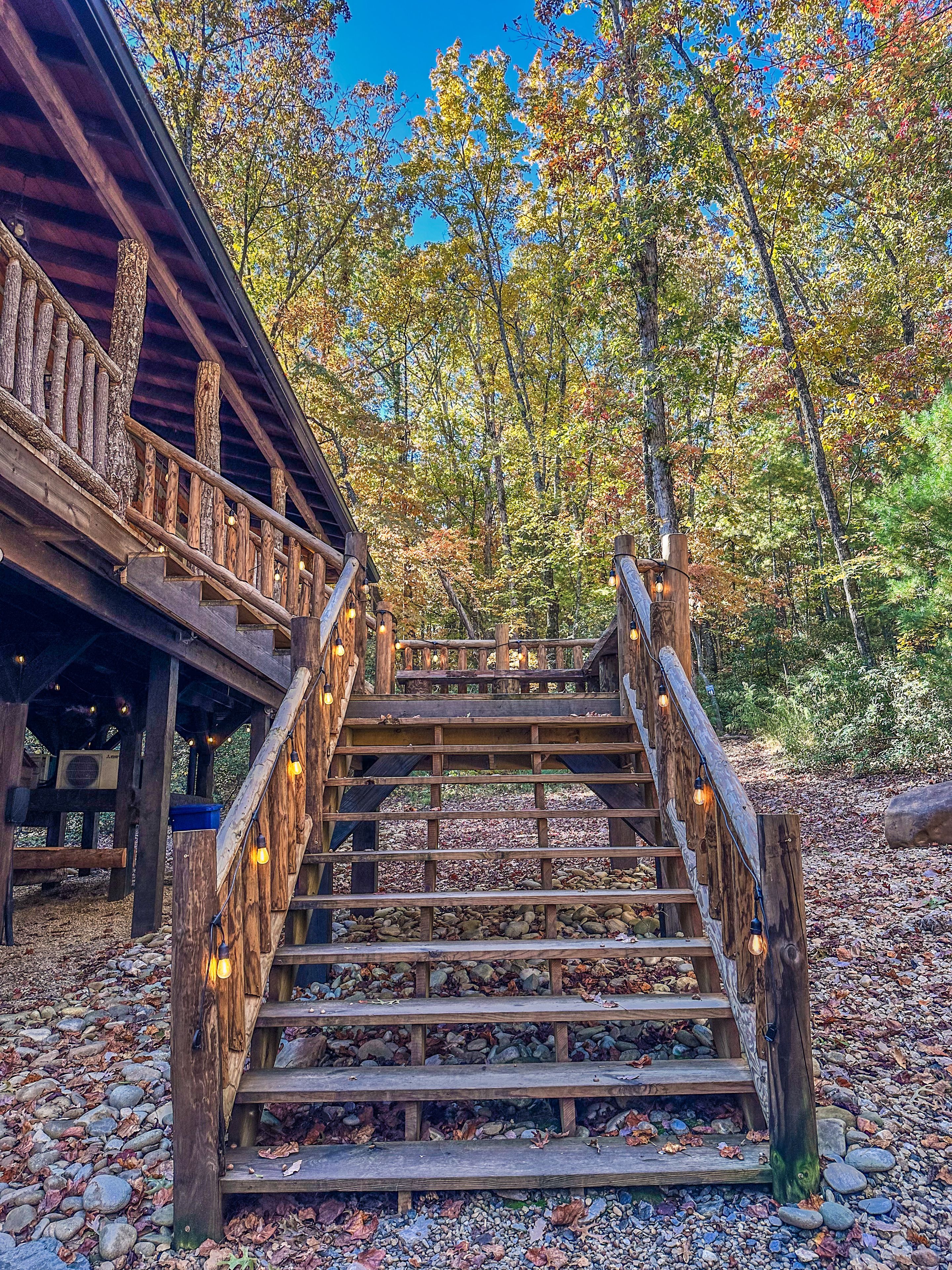 A wooden staircase leading to a covered area with a railing, surrounded by autumn foliage.